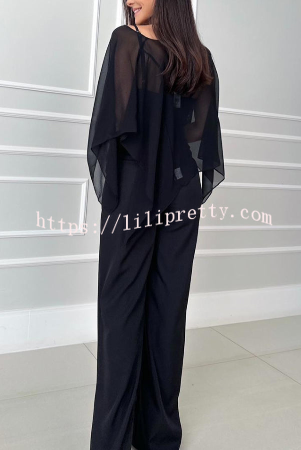 Vanie Chiffon Cape Batwing Sleeve Top and High Waist Pocket Wide Leg Pants Set