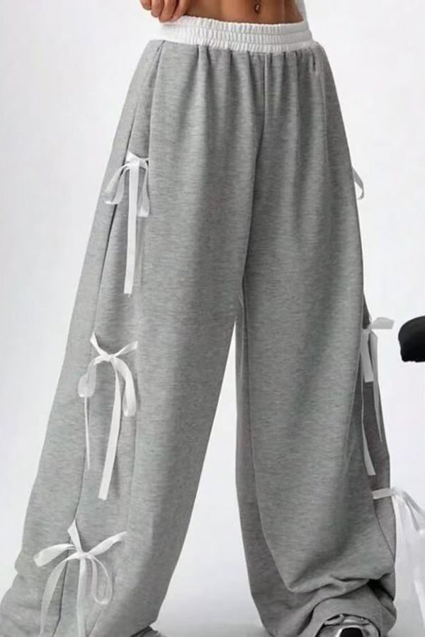 Fashion Elastic Waist Side Bow Casual Straight Wide-leg Pants