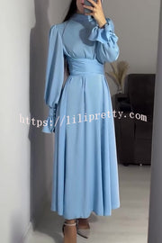 Solid Color Ruffled Sleeves Waisted Tie Slim Fit Maxi Dress