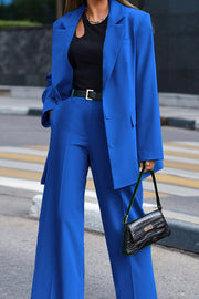 Solid Color Lapel Long Sleeve Loose Blazer and Casual Pocket Straight Pants Set