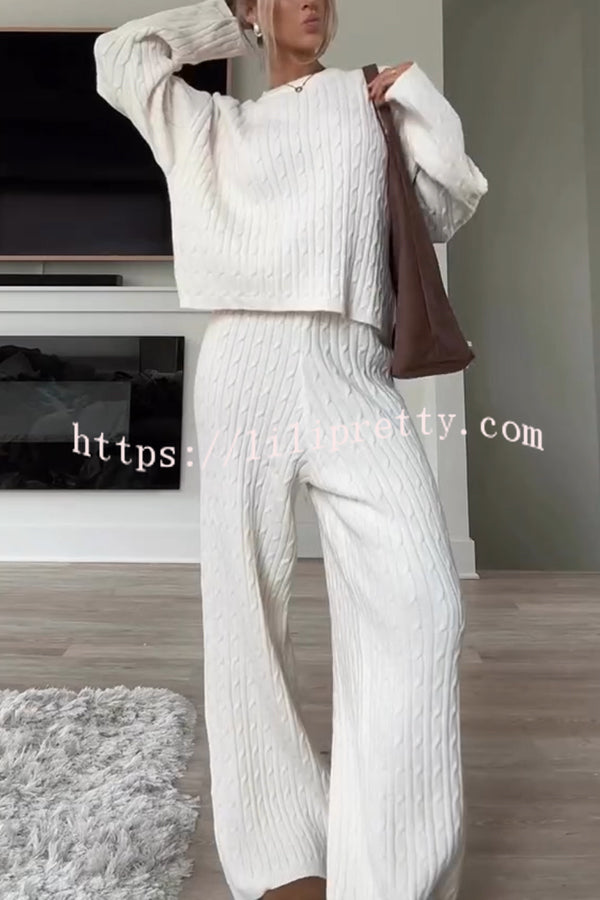 Autumn Travel Knit Cable Long Sleeve Sweater and Elastic High Waist Wide Leg Pants Set