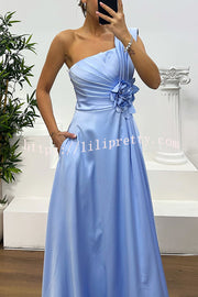Nasha Satin Pleated One Shoulder Petal Gemstone Detail Pocket Slit Maxi Dress