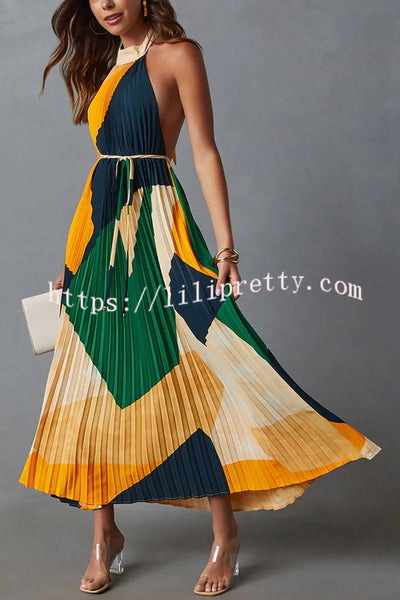 Eden Abstract Geometric Print Pleated Halter Backless Midi Dress