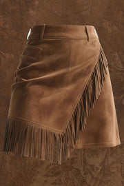 Retro Suede Casual Asymmetrical Fringed Hem Mini Skirt