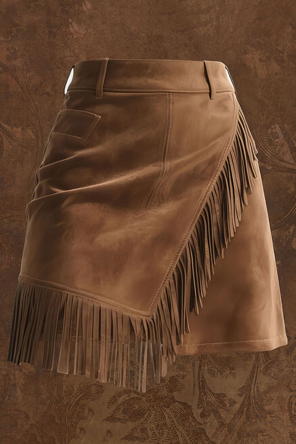 Retro Suede Casual Asymmetrical Fringed Hem Mini Skirt