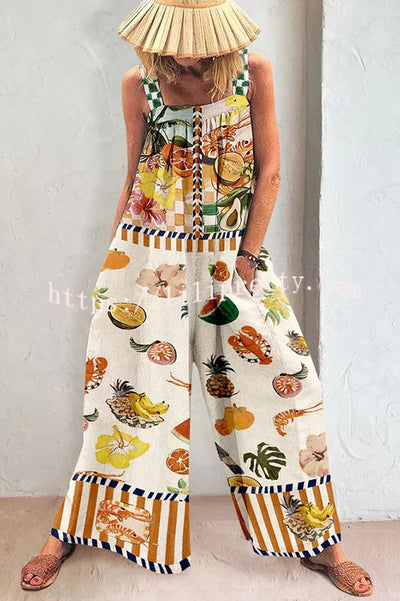 Lilipretty Good Timing Linen Blend Tropical Fruit Print Pocketed Wide Leg Jumpsuit