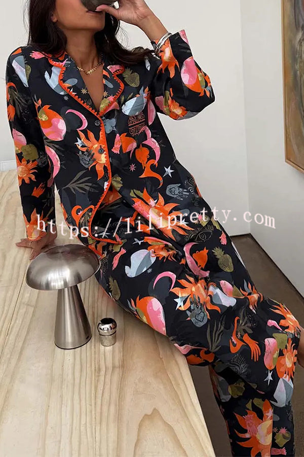 Evening Routine Unique Print Color-block Trim Loose Shirt and Elastic Waist Pocketed Pajama Set