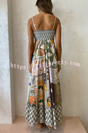 Wonderful Weekend Linen Blend Unique Print Smocked Back Pocketed Midi Dress
