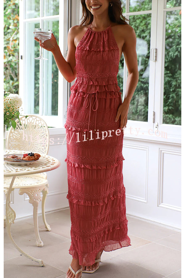 Feel Chic and Romantic Sequin Textured Material Drawstring Waist Tiered Maxi Skirt