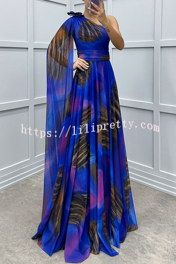 Lucia Unique Print Floral Detail One Shoulder Draped Sleeve Gown Maxi Dress