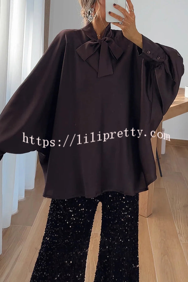 Chic and Merry Satin Bow Neck Batwing Sleeve Loose-fitting Blouse