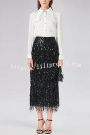 Evening Charm Layered Sequined Tassels High Rise Back Zipper Slit Midi Skirt
