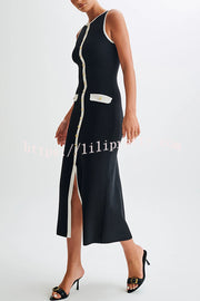 Elegant Slim Fit Crew Neck Buttoned Sleeveless Knit Midi Dress