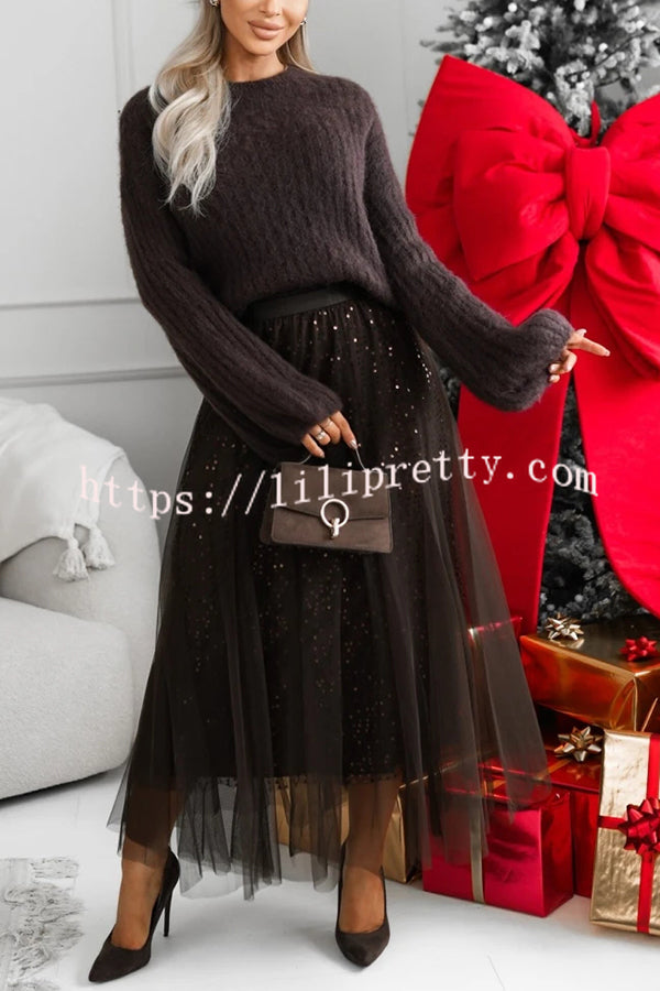 Party Daydream Sequin Tulle High Rise Elastic Waist Maxi Skirt