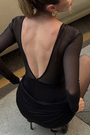Sexy Mesh See-through Long-sleeved Backless Pleated Rompers