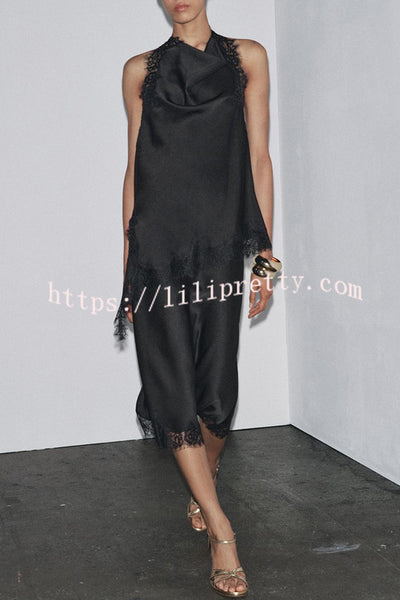 Dolly Satin Lace Trim Mid Rise Slit Drape Midi Skirt