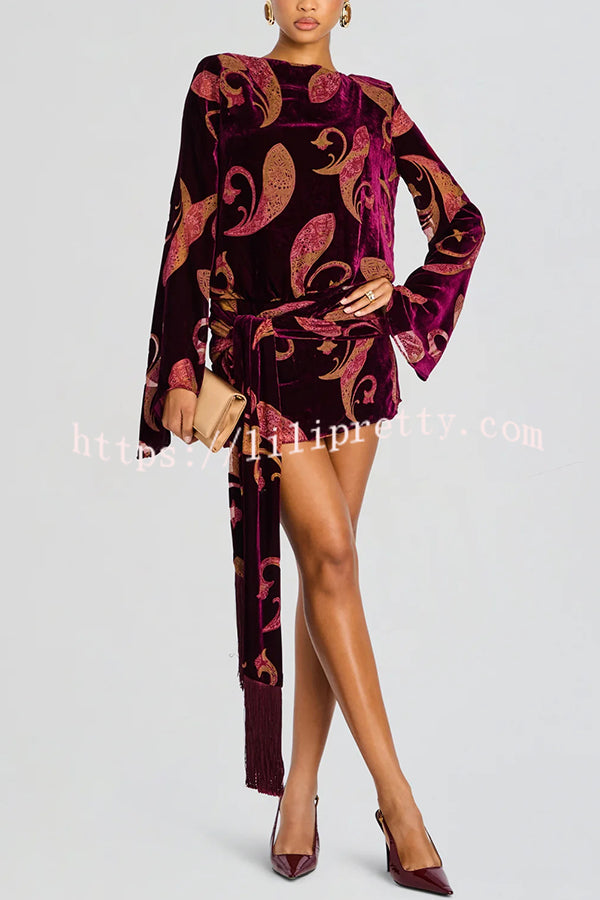 Night Out Velvet Paisley Print Long Sleeve Tie-up Tassel Loose Mini Dress
