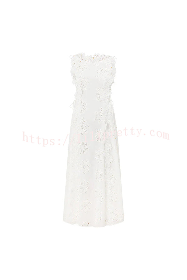 Mairi Embroidery Hollow Fabric Delicate Flower Trim Side Lace-up Maxi Dress