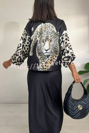 Shiloh Leopard Unique Print Zipper Drawstring Hem Bomber Jacket