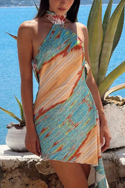 Unique Print Sexy Open Back Lace-Up Holiday Mini Dress