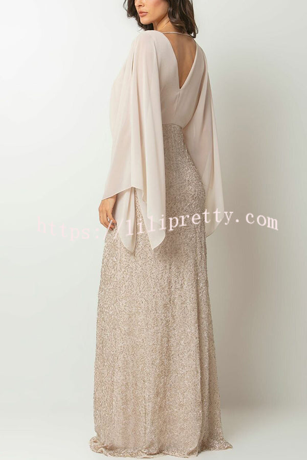 Aleina Chiffon Batwing Sleeve Flower Embroidered Waist Sequin Fabric Maxi Dress