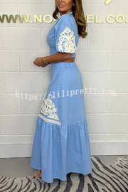 Stylish V-neck Puff-sleeved Crop Top and Elastic Waist Paneled Maxi Skirt Set