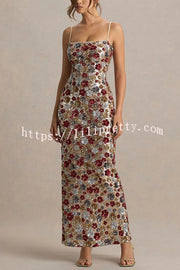 The Center of Attention Floral Print Sequin Square Neck Slip Stretch Maxi Dress