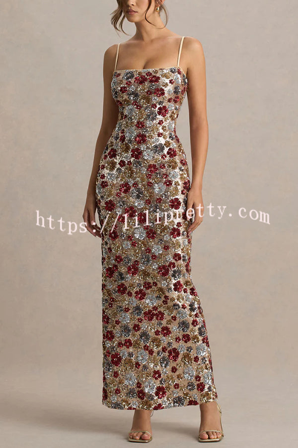The Center of Attention Floral Print Sequin Square Neck Slip Stretch Maxi Dress