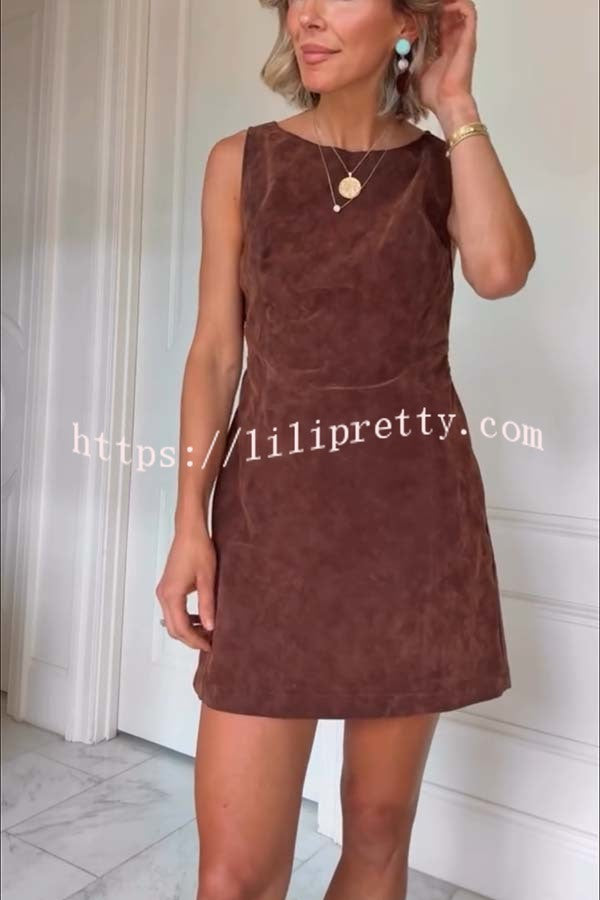 Atlas Faux Suede Open Back Button Accents Zipper Mini Dress