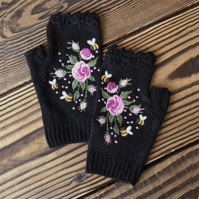 Lilipretty Hand Embroidered Gloves Women's Knitted Gloves Flower Gloves