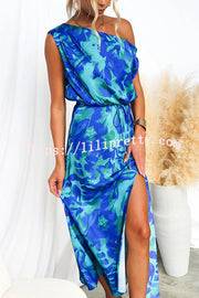 Satin Unique Print One Shoulder Tie Waist Slit Maxi Dress