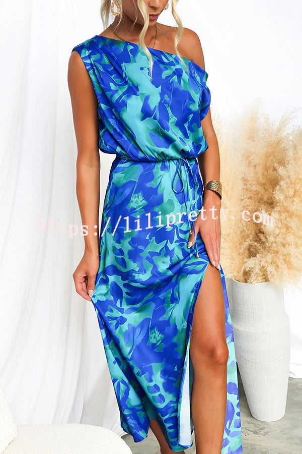 Satin Unique Print One Shoulder Tie Waist Slit Maxi Dress