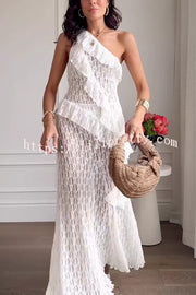 Solid Color Lace One Shoulder Ruffled Slim Fit Top
