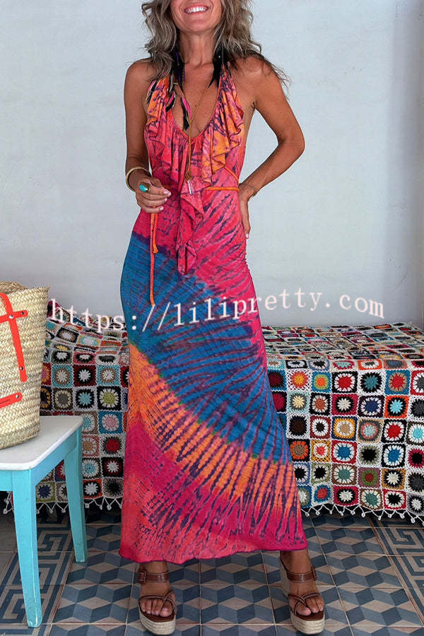 Tarik Tie-dye Print Ruffle Neck Halter Lace-up Backless Stretch Maxi Dress