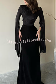 Liora Ruched Organza and Satin Patchwork Design Long Bell Slit Sleeve Maxi Dress