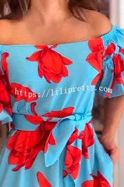 Floral Print Waist Belted Slim Fit Off The Shoulder Maxi Dress