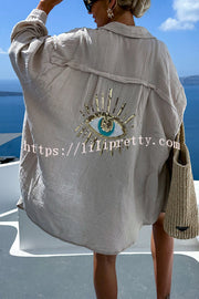Summer Breeze Linen Blend Sequin Magic Eye Desig Oversized Relax Shirt