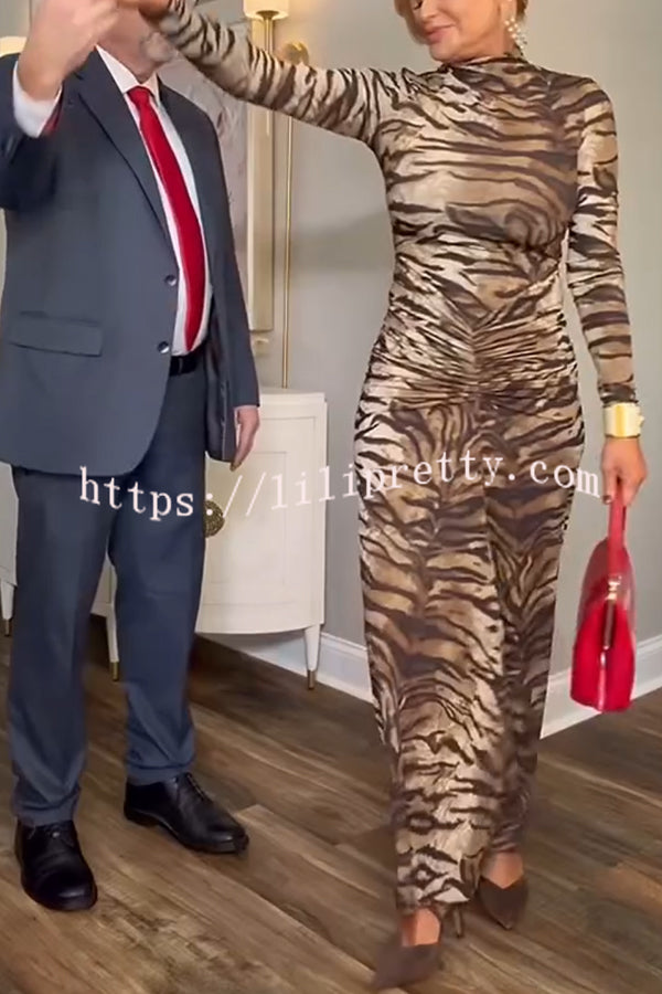 Winston Animal Print High-neck Long Sleeve Ruched Hip Stretch Maxi Dress
