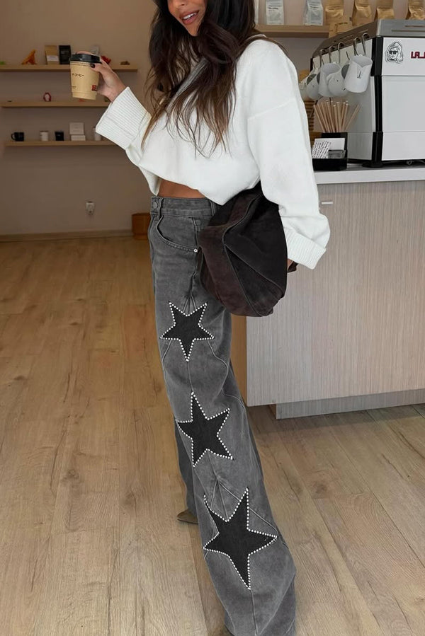 Jessy Denim Mid Rise Side Star Pattern Pocket Wide Leg Jeans