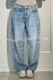 Fashionable Rhinestone Mid-rise Loose Pocket Straight Jeans