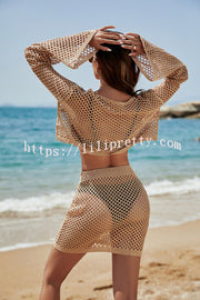 Sherry Knit Hollow Out Tie-up Neck Top and Stretch Mini Skirt Set