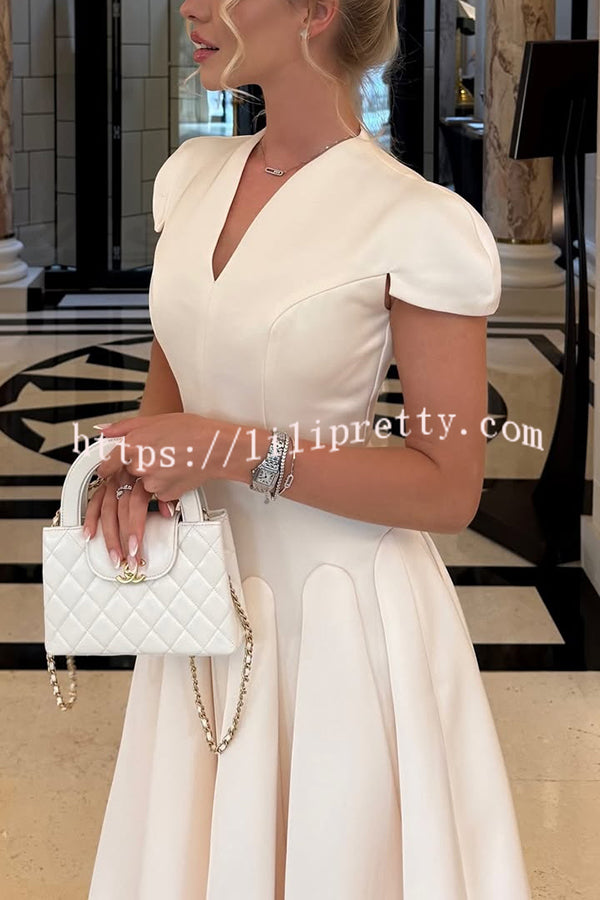 Solid Color V-neck Waist Elegant Full Hem Maxi Dress