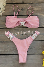 Solid Color Metal Starfish Embellished Stretch Bikini Swimsuit