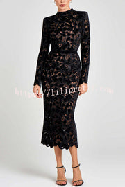 Diane Velvet Embroidered Floral Lace Long Sleeve Belt Scallop Edge Midi Dress