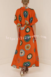 Linen Blend Unique Print Lapel Loose Tie Cardigan Maxi Dress
