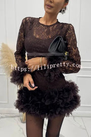 Alyssa Lace Fabric Tulle Layered Petals Trim Long Sleeve Mini Dress