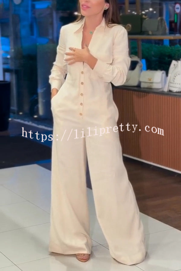 Linen Blend Lapel Long Sleeve Button Pocket Wide Leg Jumpsuit