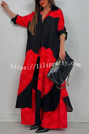 Unique Printed Casual Loose Long Shirt and Elastic Waist Pocket Wide Leg Pants Set