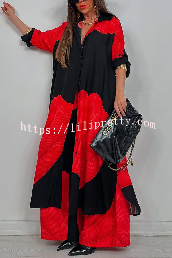Unique Printed Casual Loose Long Shirt and Elastic Waist Pocket Wide Leg Pants Set