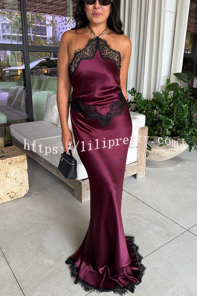 Everly Contrast Color Satin Lace Trim Halter Back Lace-up Flare Maxi Dress